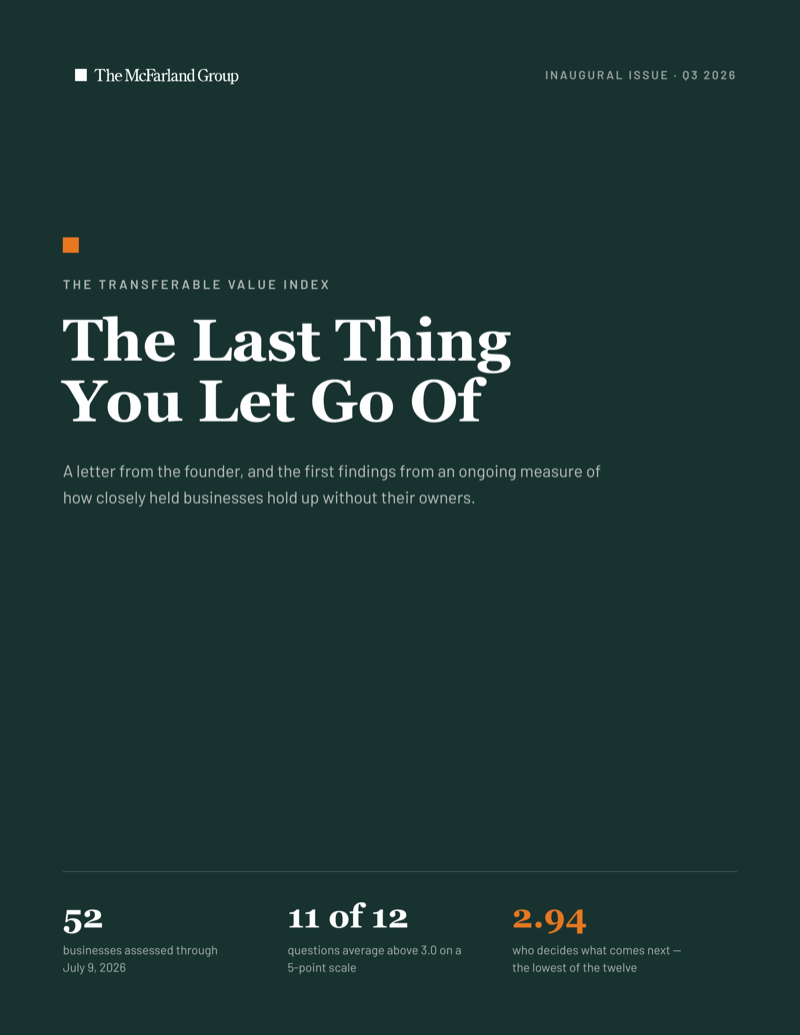Cover of The Last Thing You Let Go Of, the inaugural issue of the Transferable Value Index. 52 businesses assessed through July 9, 2026. Eleven of twelve questions average above 3.0. Who decides what comes next scores 2.94, the lowest of the twelve.